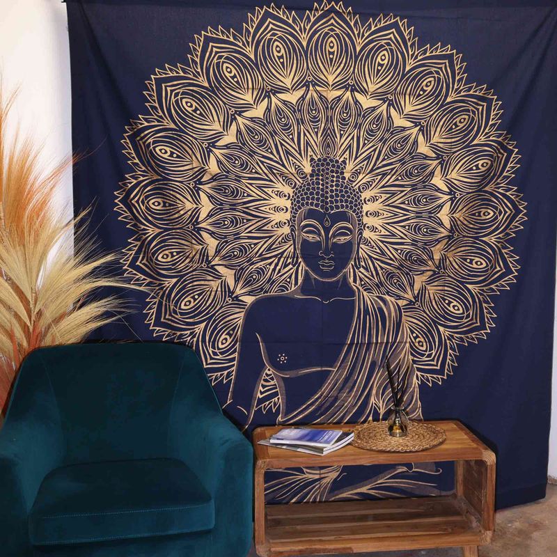 Couvre-Lit Double en Coton ou Tenture Murale - Bouddha - Or & Bleu