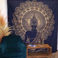 Couvre-Lit Double en Coton ou Tenture Murale - Bouddha - Or & Bleu