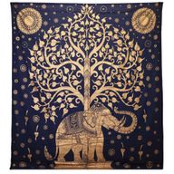 Couvre-Lit Double en Coton ou Tenture Murale - Elephant & Tree - Or & Bleu