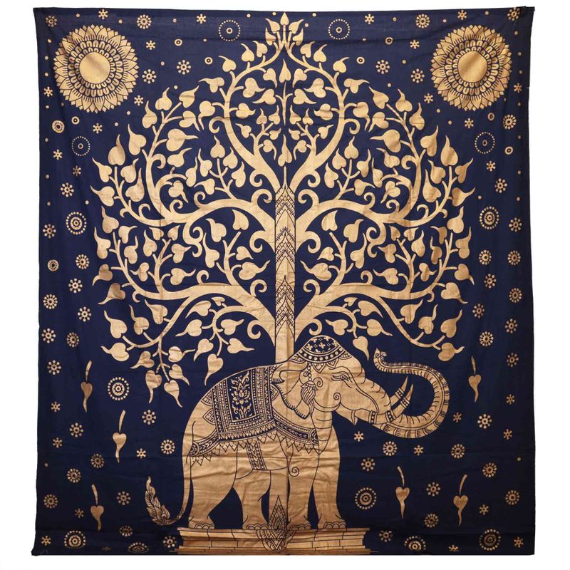 Couvre-Lit Double en Coton ou Tenture Murale - Elephant & Tree - Or & Bleu