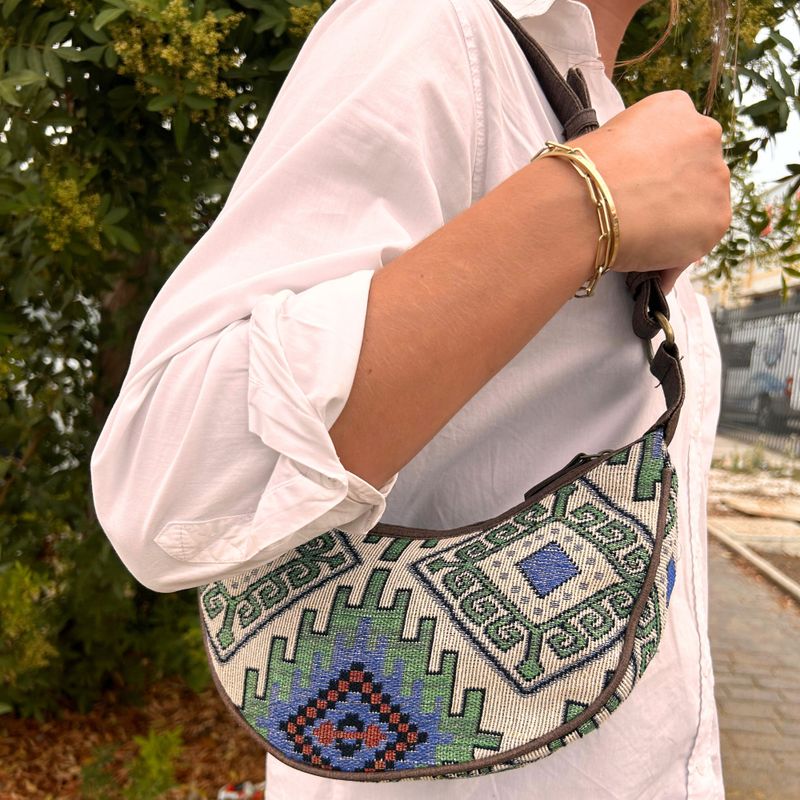 Sac Hobo Jacquard - Vert Géométrique (sangle marron)
