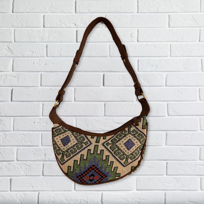Sac Hobo Jacquard - Vert Géométrique (sangle marron)