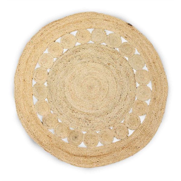 Tapis Rond Doux en Jute 120cm avec Cercles à l'Intérieur