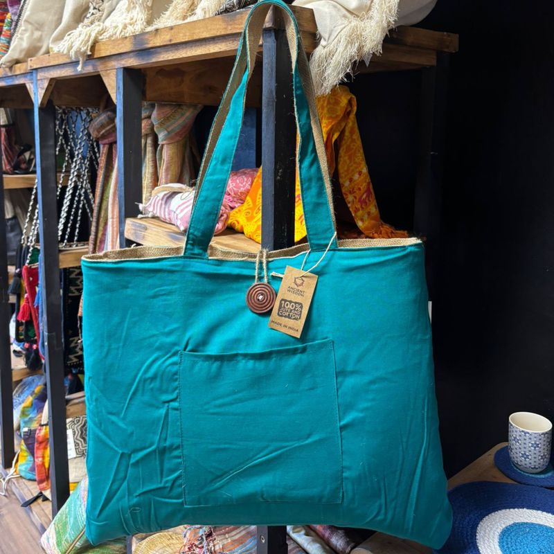 Grand Sac Réversible en Jute et Coton - Bleu Canard (7717C)