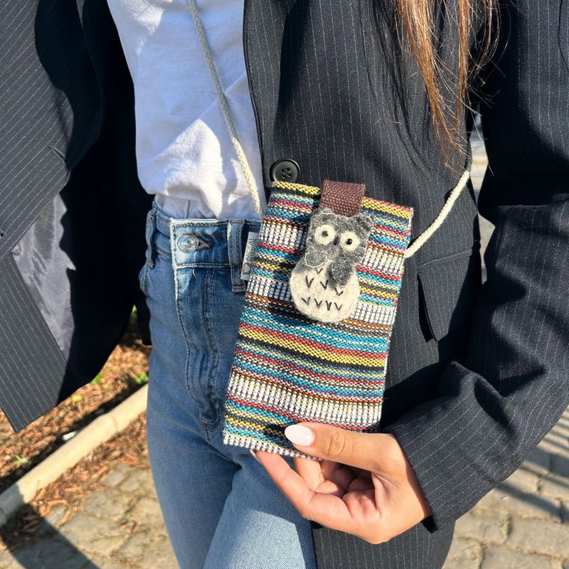 Sac Support Téléphone Rayures Multi et Blanc - Décor Chouette