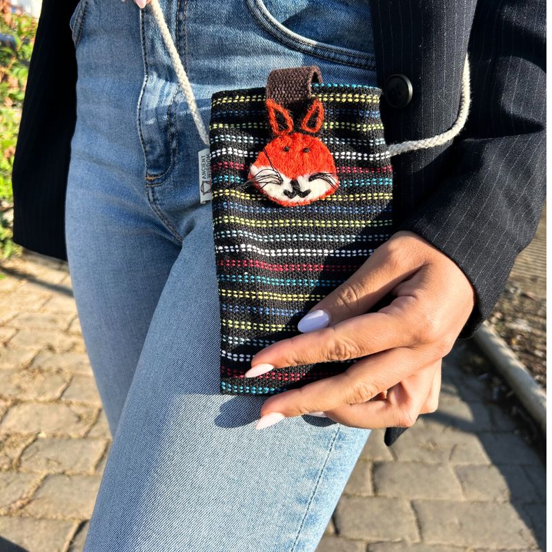 Sac Support Téléphone Noir et Multi - Décor Renard