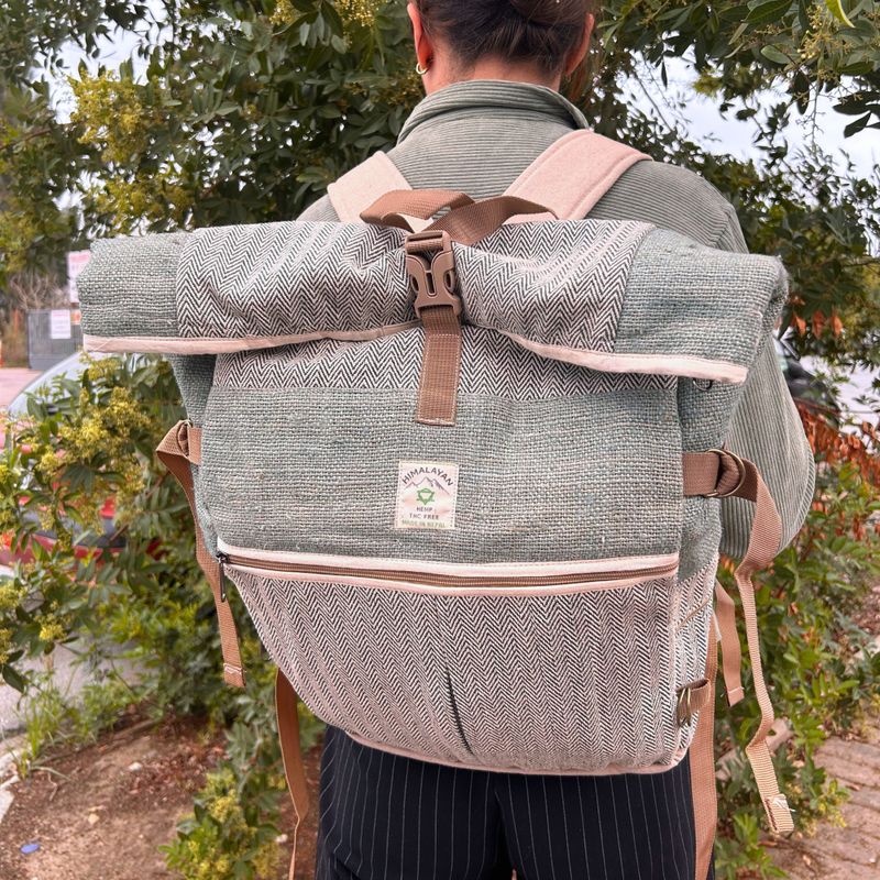 Sac à Dos Roulé de Randonnée en Chanvre - Vert Sauge