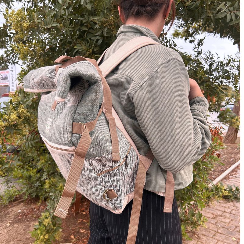 Sac à Dos Roulé de Randonnée en Chanvre - Vert Sauge