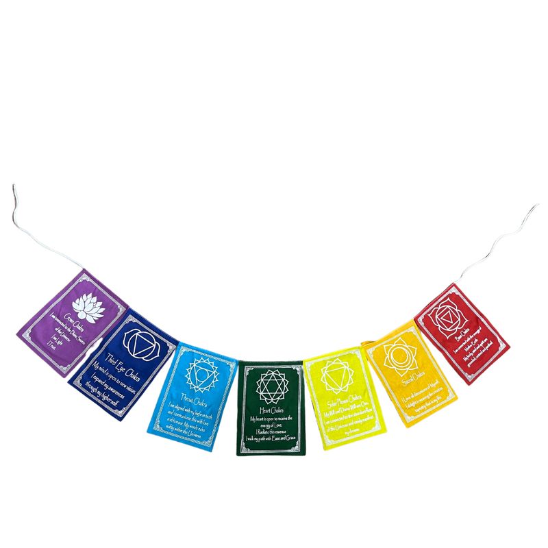 Drapeaux des Sept Chakras avec Couleurs & Mantra - Grand (Lot de 7 Drapeaux)