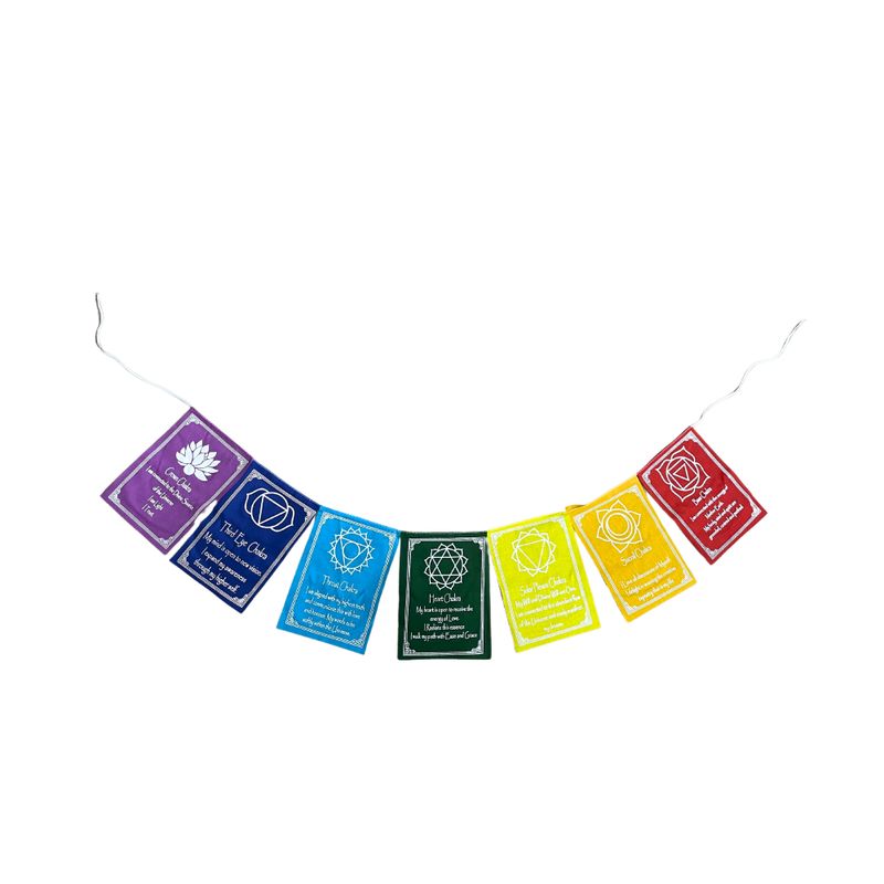 Drapeaux des Sept Chakras avec Couleurs & Mantra - Moyen (Lot de 7 Drapeaux)