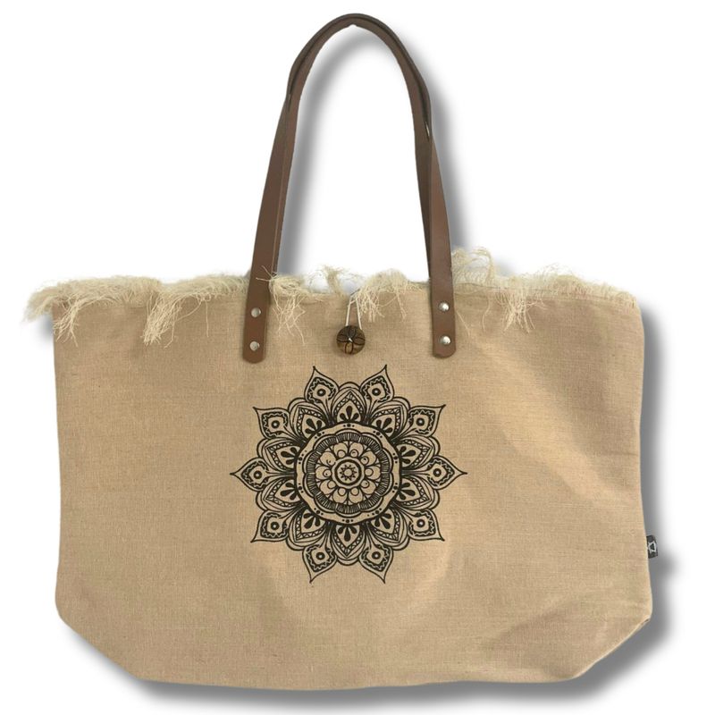 Sac en Toile Naturelle Poignée en Cuir - Fleur de Vie