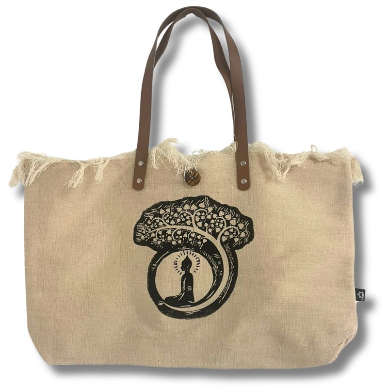 Sac en Toile Naturelle Poignée en Cuir - Bouddha