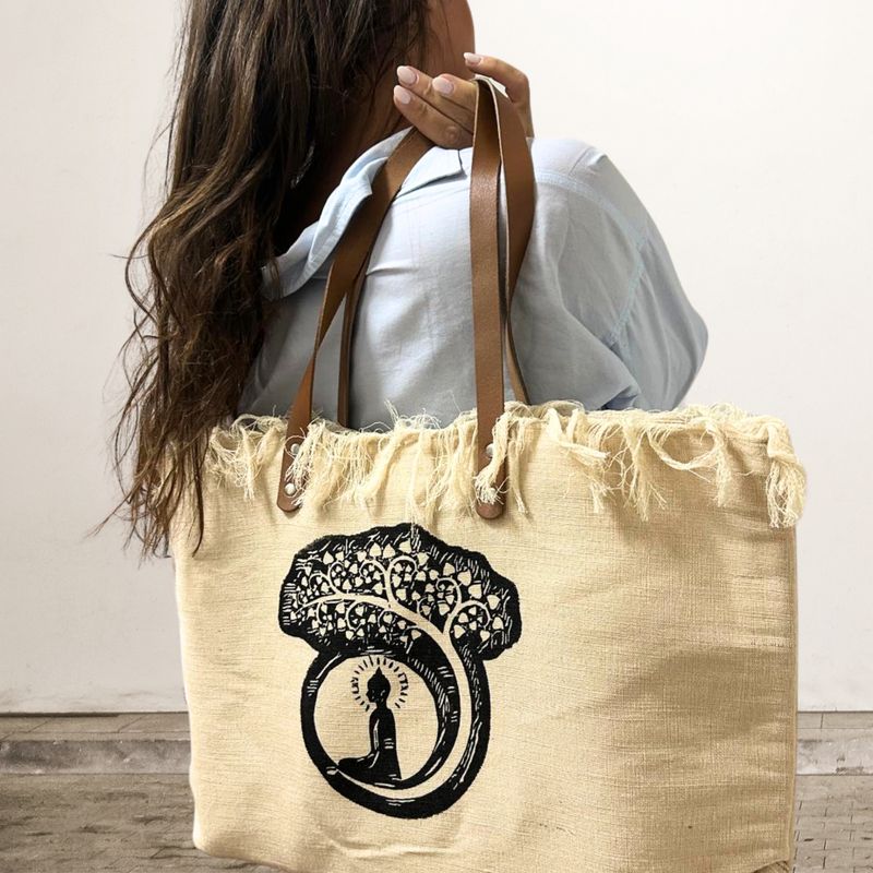 Sac en Toile Naturelle Poignée en Cuir - Bouddha