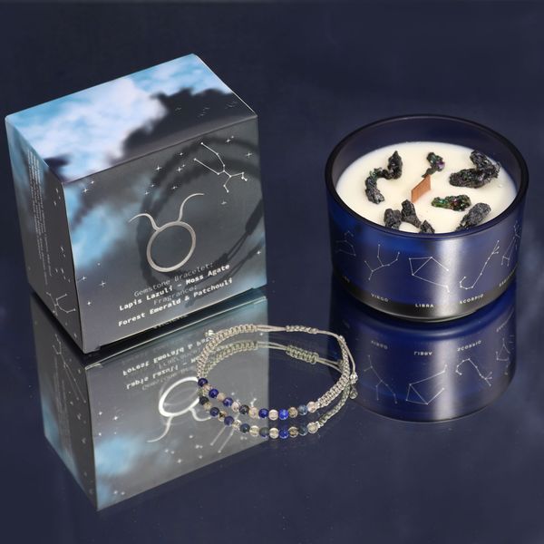 Bougie de Cristal du Zodiaque avec Bracelet de Pierres Précieuses  - Taureau