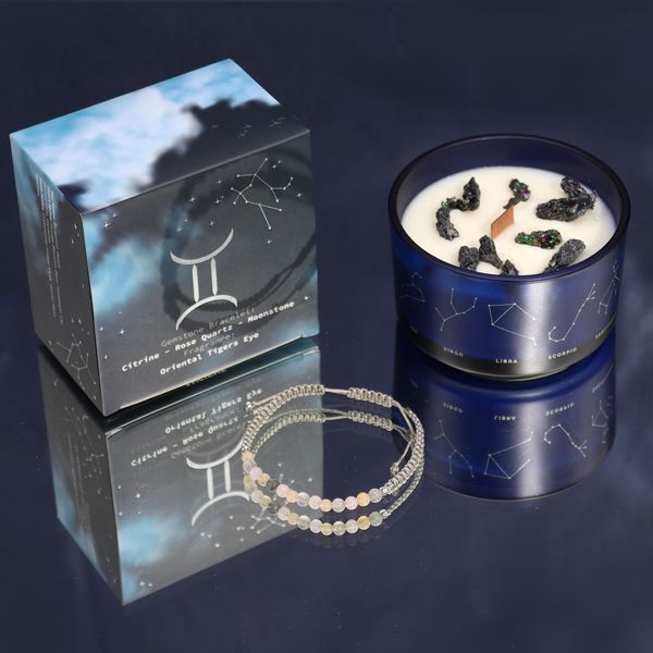 Bougie de Cristal du Zodiaque avec Bracelet de Pierres Précieuses  - Gémeaux