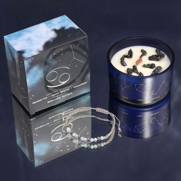Bougie de Cristal du Zodiaque avec Bracelet de Pierres Précieuses  - Cancer