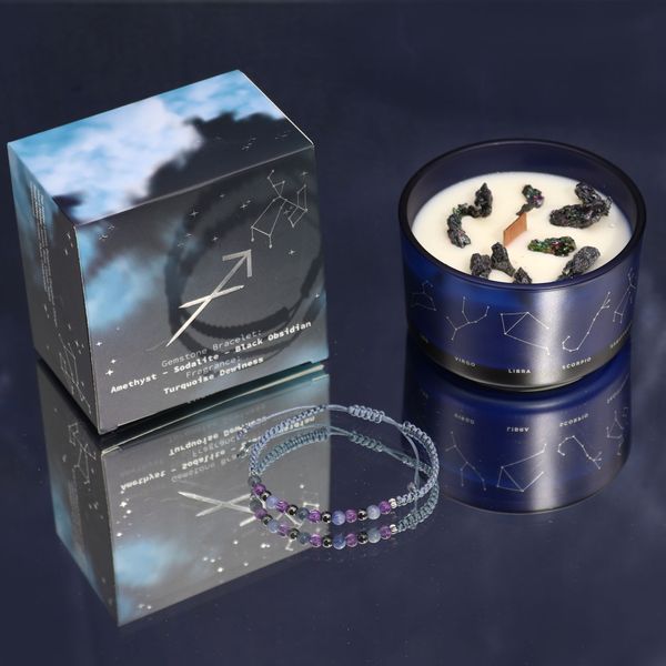 Bougie de Cristal du Zodiaque avec Bracelet de Pierres Précieuses  - Sagittaire