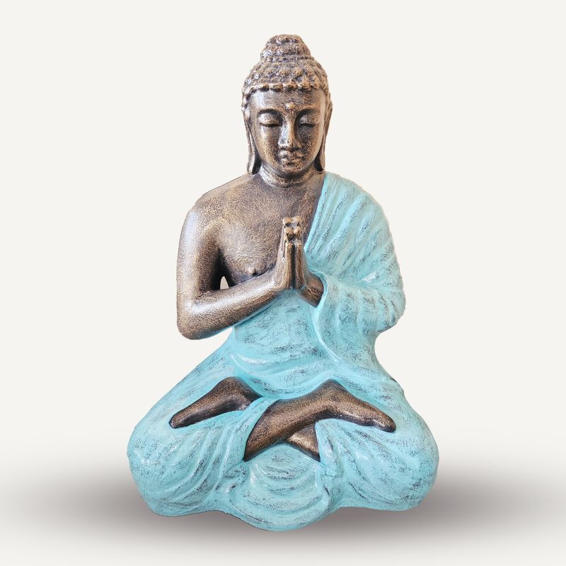 Grande Statue de Bouddha en Prière Turquoise et Dorée - 1,2 m de haut