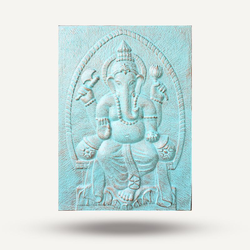 Grand Cadre en Ciment Fibré Ganpati Turquoise Relief - 0,7x1m