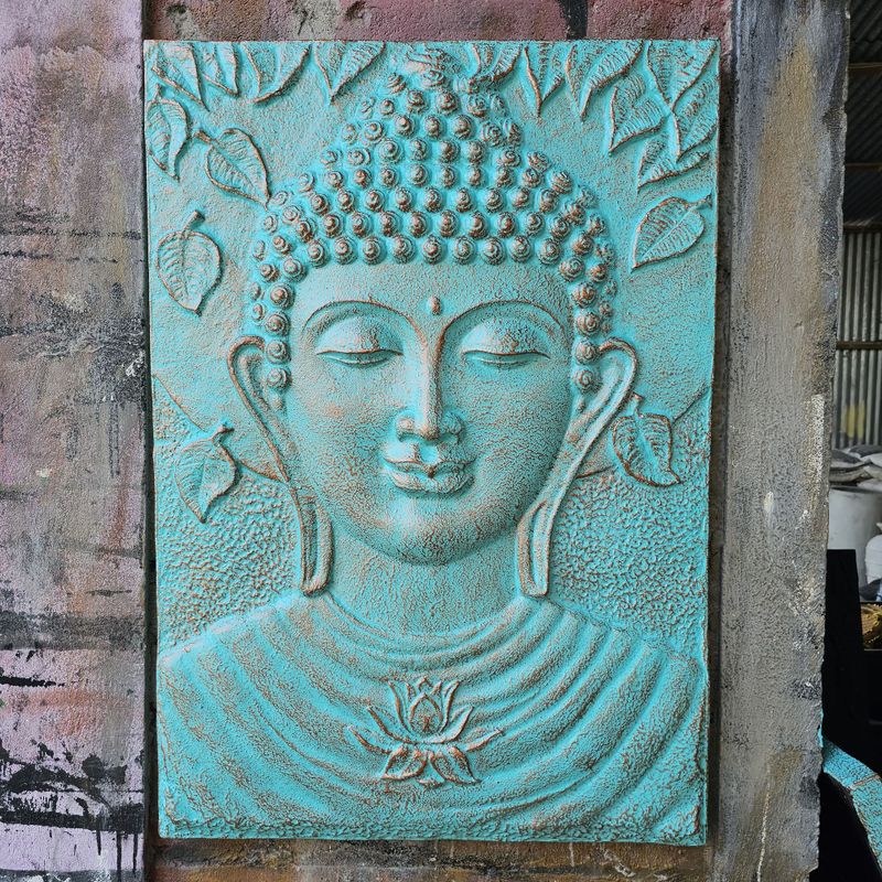 Grand Bouddha Cadre en Ciment Fibré Turquoise Relief - 0,7x1m
