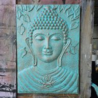 Grand Bouddha Cadre en Ciment Fibré Turquoise Relief - 0,7x1m