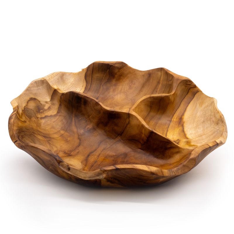 Bol à Fruits Rond Lisse en Bois de Teck Trois Sections - 30x5,5 cm