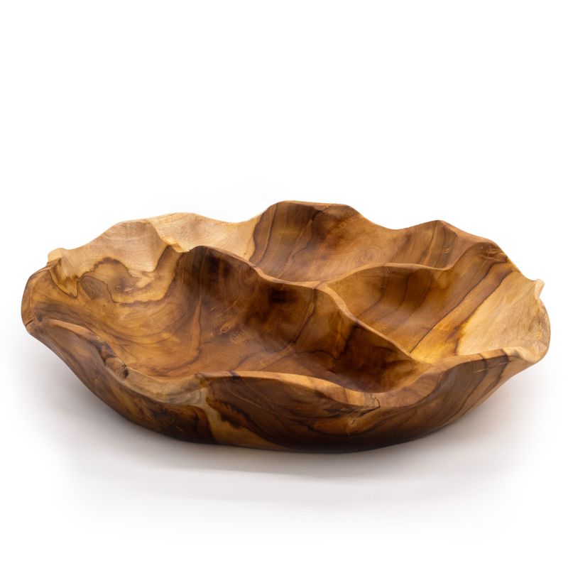 Bol à Fruits Rond Lisse en Bois de Teck Trois Sections - 30x5,5 cm