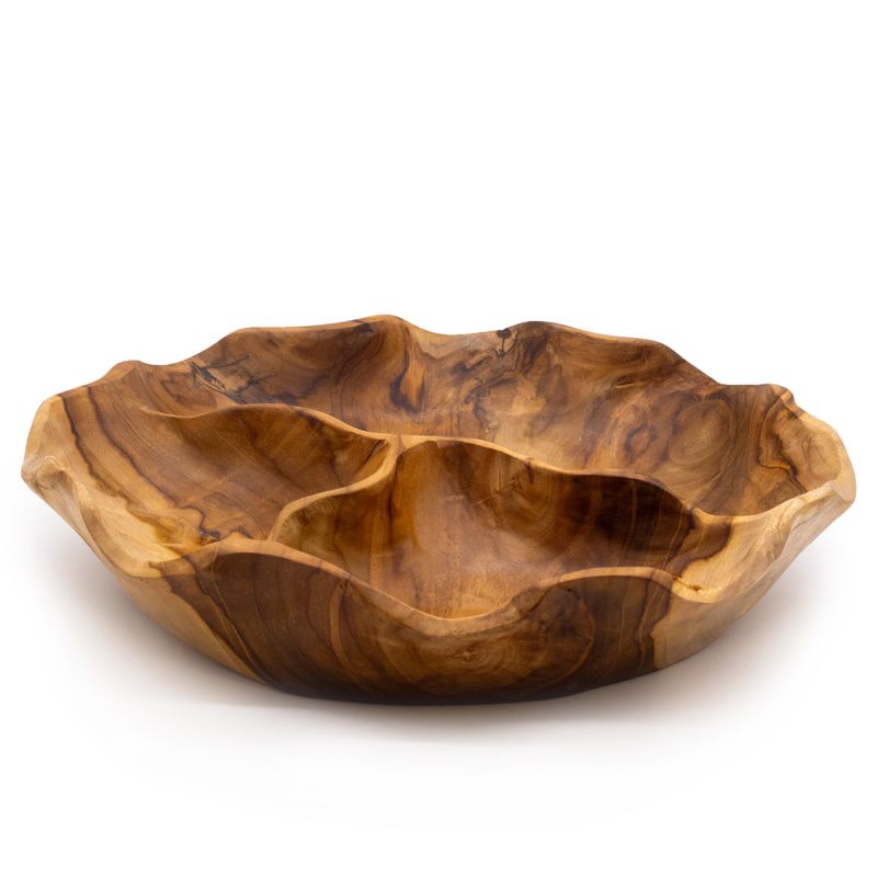 Bol à Fruits Rond Lisse en Bois de Teck Trois Sections - 30x5,5 cm