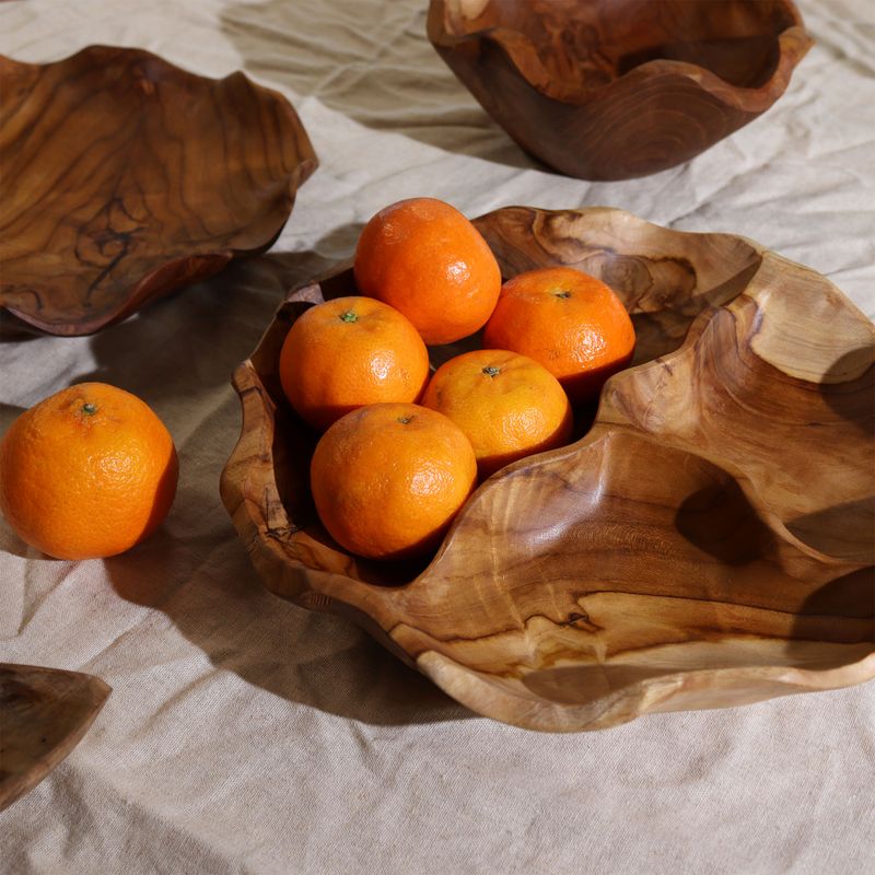 Bol à Fruits Rond Lisse en Bois de Teck Trois Sections - 30x5,5 cm