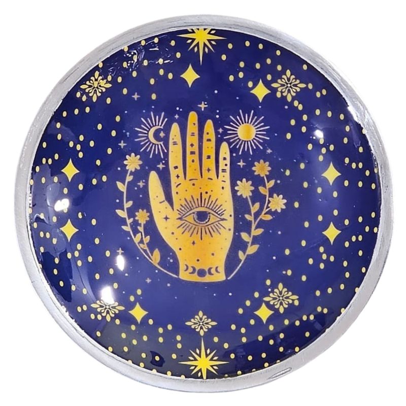Plateau d'Offrande Émaillé à Trois Pieds – Motif Main & Oeil, Bleu Nuit