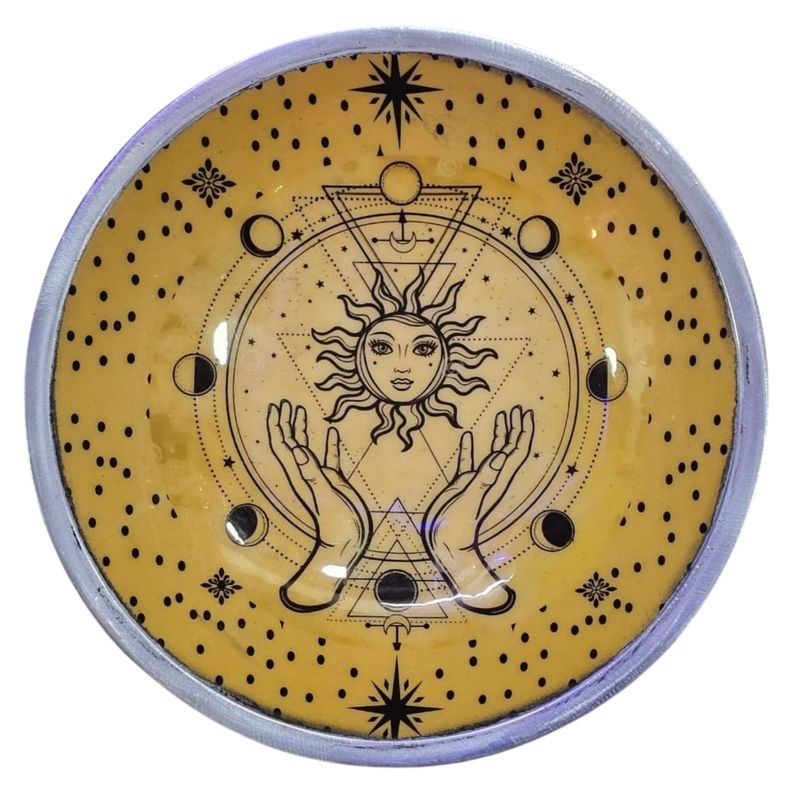 Plateau d'Offrande Émaillé à Trois Pieds – Motif Mains et Soleil