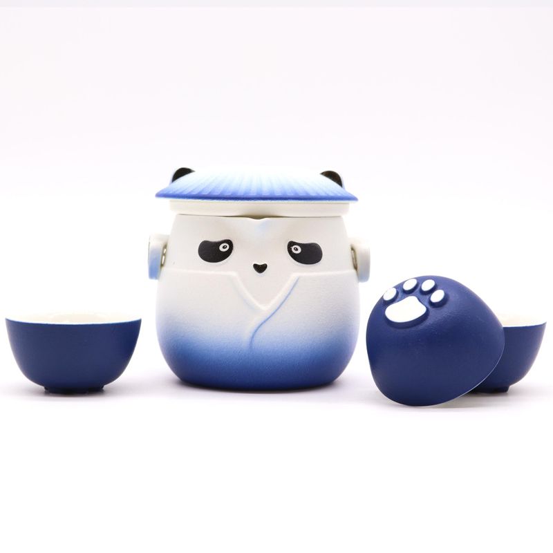 Ensemble Théière Panda et Trois Tasses - Bleu Ciel