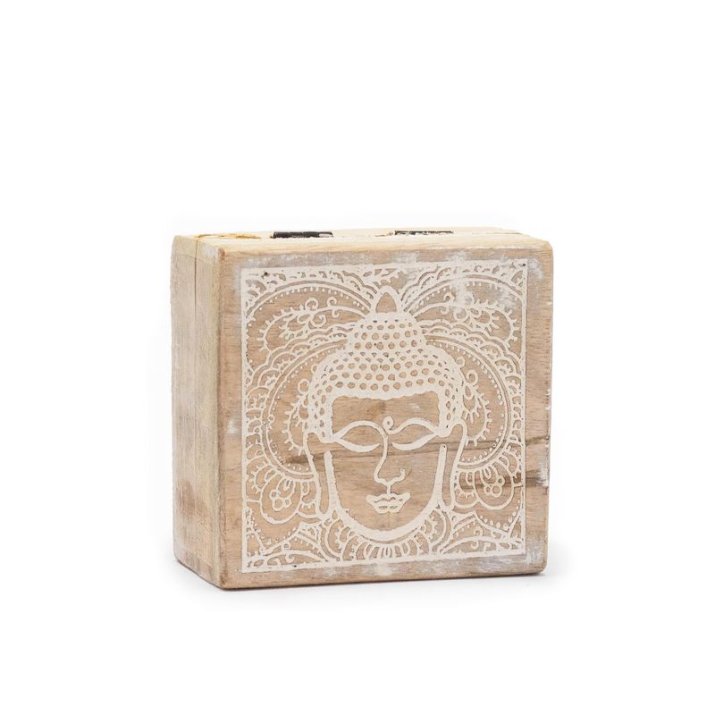 Petite Boîte Carrée 10x10x4,2cm - Visage de Bouddha Blanchi à la Chaux