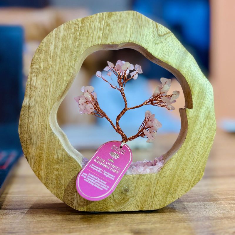 Jardin d'Arbre en Pierres Précieuses - Cadre en Bois de Manguier - Quartz Rose - 60 Pierres Chips