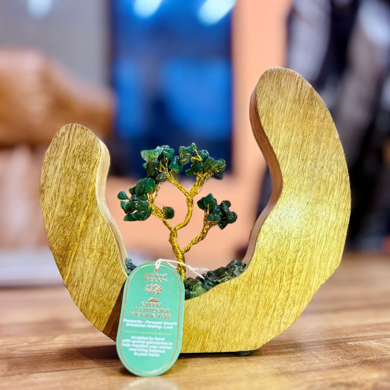 Jardin d'Arbre en Pierres Précieuses - Cadre Ouvert en Bois de Manguier - Aventurine Verte - 60 Pierres Chips