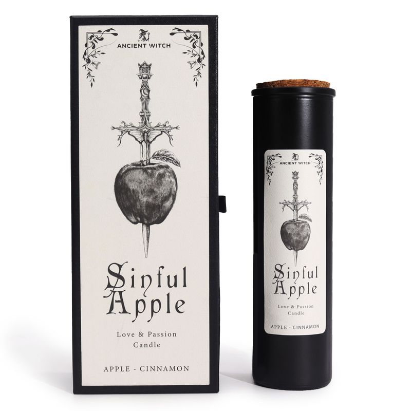 Pomme pécheresse - Bougie rituelle de l'ancienne sorcière et boîte cadeau assortie, vue de face