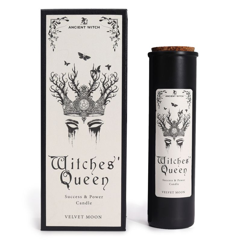 Reine des sorcières — bougie rituelle de sorcière antique et boîte cadeau assortie, vue de face