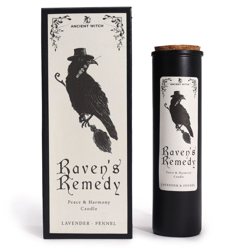 Raven's Remedy Bougie rituelle de la Sorcière Ancienne et boîte cadeau assortie, vue de face