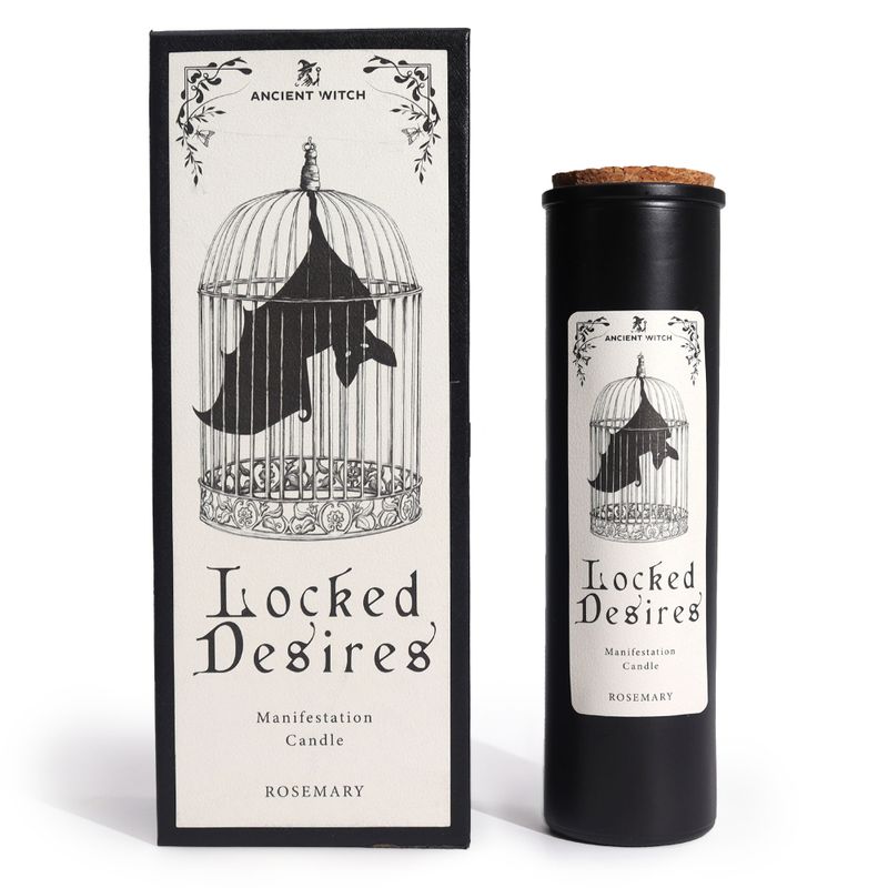 Désirs verrouillés, bougie rituelle de la sorcière antique et boîte cadeau assortie, vue de face