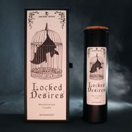 Bougie rituelle Locked Desires présentée avec son emballage illustré
