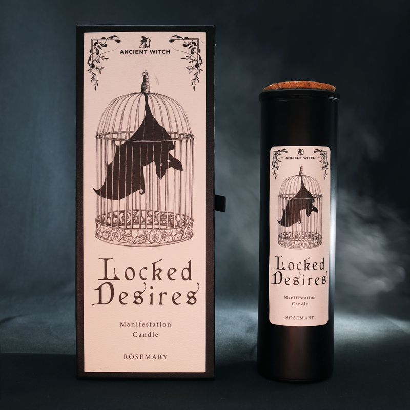 Bougie rituelle Locked Desires présentée avec son emballage illustré