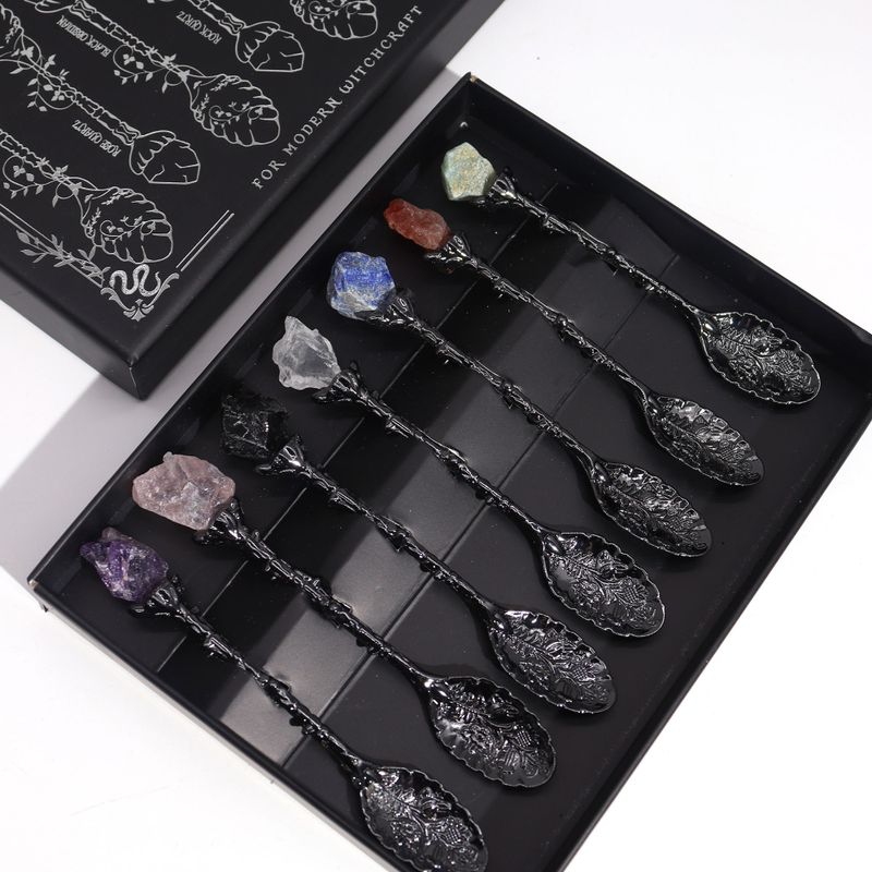Set de 7 Cuillères de Sorcière avec Pierres Naturelles en Argent Foncé