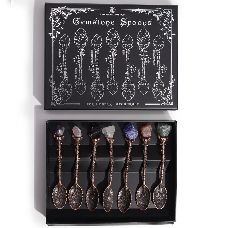 Set de 7 Cuillères de Sorcière en Bronze, Pierres Naturelles