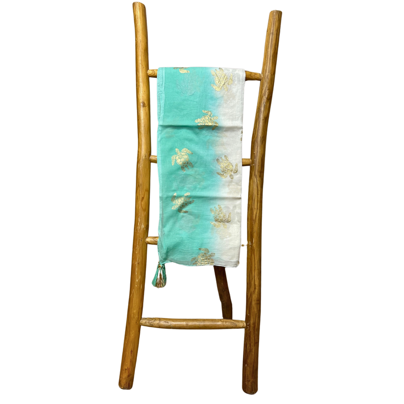 Sari Nomade Collection On the Med - Paréo - Blanc & Turquoise Or - Motif Tortue