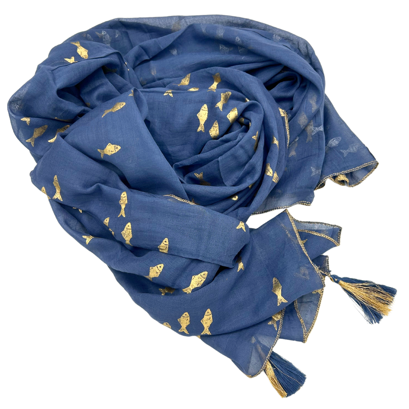 Sari Nomade Collection On the Med - Paréo - Bleu Océan & Or - Motif Poisson