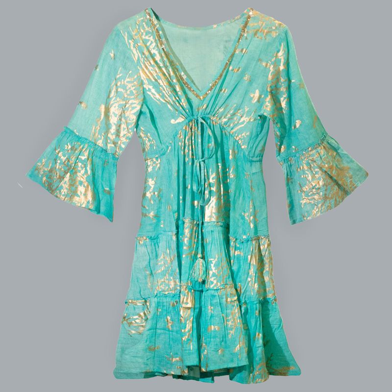 (M/L) Robe Nomad Sari Collection On the Med – Motif Corail Turquoise & Doré