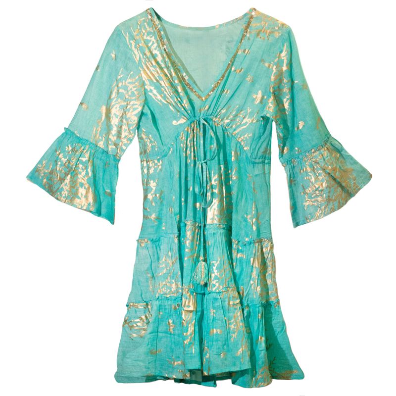 (M/L) Robe Nomad Sari Collection On the Med – Motif Corail Turquoise & Doré