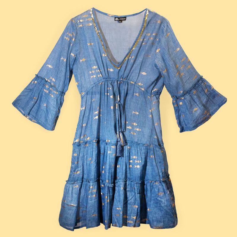 (M/L) Robe Nomad Sari Collection On the Med – Motif Poisson Bleu Mer et Doré