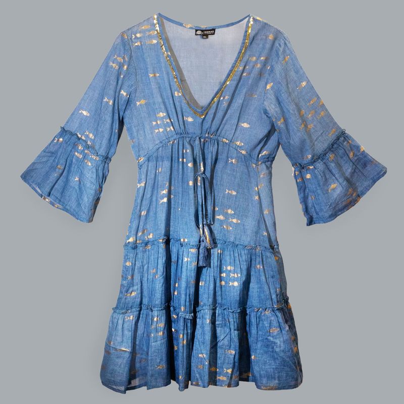 (M/L) Robe Nomad Sari Collection On the Med – Motif Poisson Bleu Mer et Doré