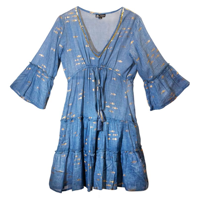 (M/L) Robe Nomad Sari Collection On the Med – Motif Poisson Bleu Mer et Doré